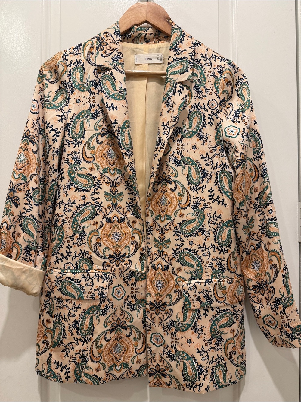Mango Beige Paisley-Print Blazer with Green Accents